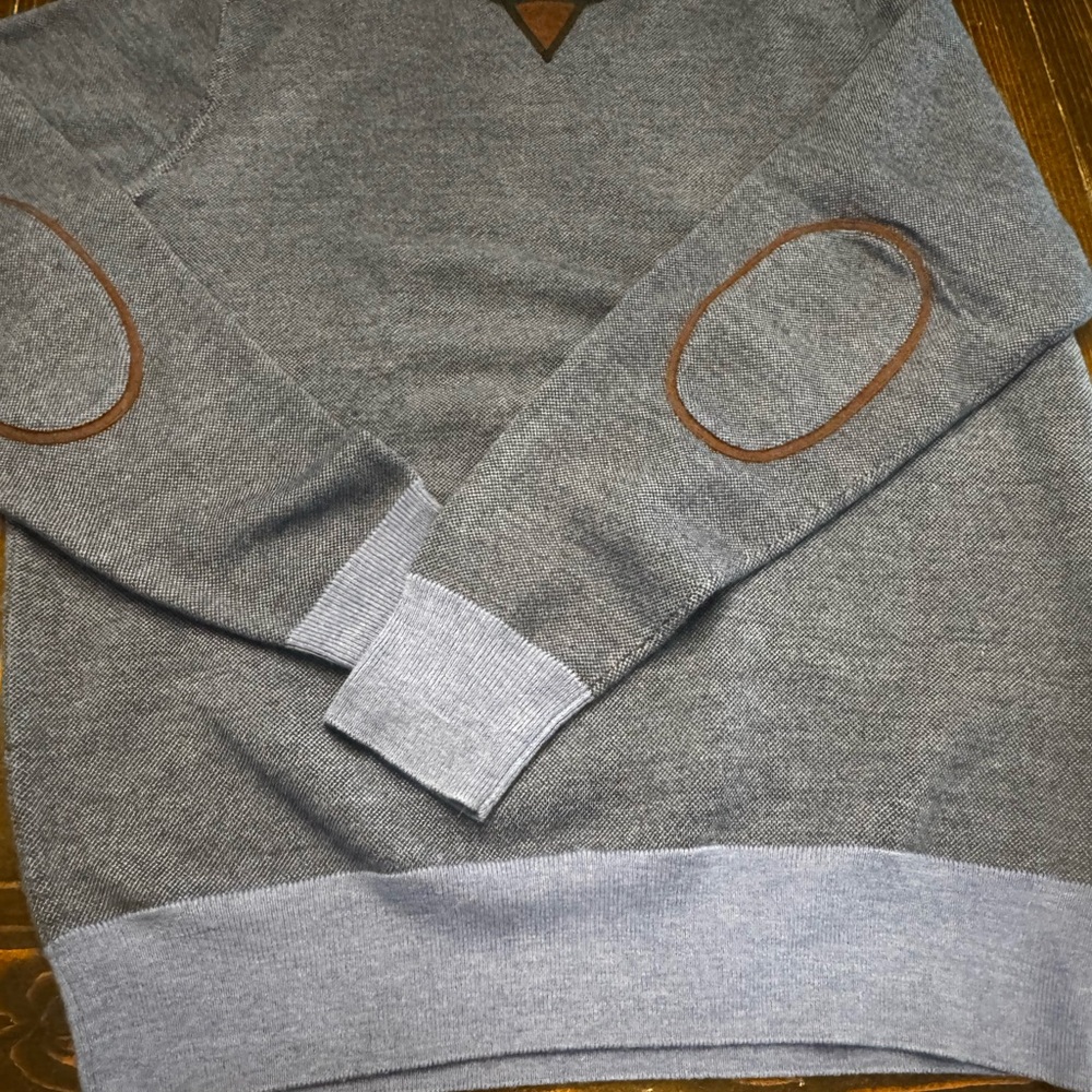 Peter Millar Gray V-Neck Sweater with Brown Accents
